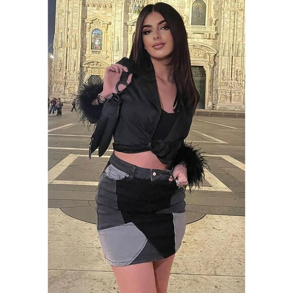 American Bazi Keep You Guessing Black Grey Patchwork High‑Waist Denim Mini Skirt - Picture 1 of 5
